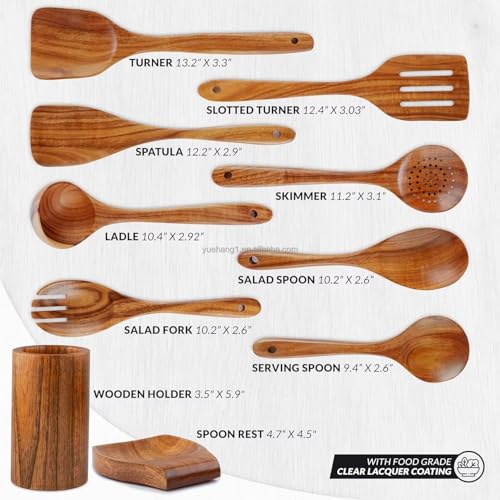 DOSTDR-10 Piece Wooden Cooking Utensil Set Teak Wood Cooking Spoon FoodSafe | NonStick Safe HeatResistant Durable Lightweight FoodSafe SeasonedTeak Ergonomic EasyClean EcoFriendly ScratchResistant