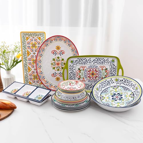 3-Section Divided Serving Trays, Talavera 14.75”x 6” Unbreakable Melamine Serving Platter for Serving Food, 3 Compartment Condiment Tray, Rectangular Condiment Server Set of 2 - color: Talavera 3 Section Tray