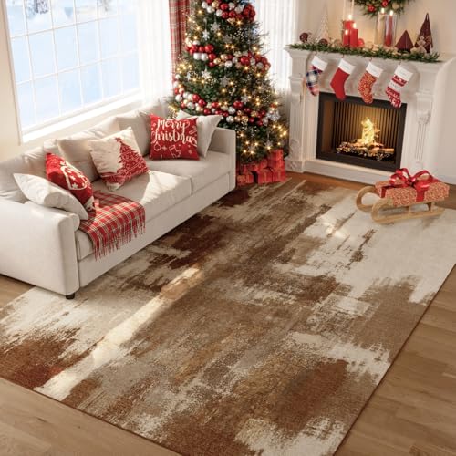 Kelarea Washable Area Rug 8x10, Non-Slip Low Pile Abstract Brown | Water & Stain Resistant, Pet Friendly, Easy Clean, Ultra Soft, for Living Room, Bedroom, Nursery, Ofiice - color: Brown, size: 8' x 10' (Rectangular)