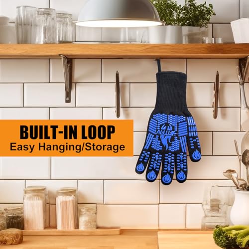 BBQ Gloves, 1472°F Heat Resistant with Silicone Grip Oven Mitts | Non-Slip Grip, for BBQ, Grilling, Oven, Smoker, Cooking and Baking - color: Blue, size: Long (Glove L 13.78" × Palm W 6.33")