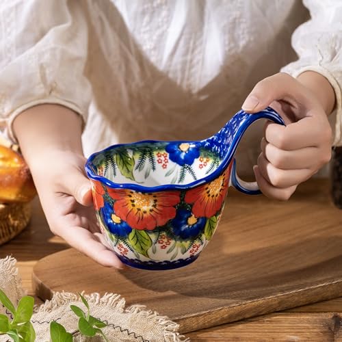 18oz Large Ceramic Soup Mug with Handle, Hand-Painted Floral Style Bowl, High-Fired Stoneware, Microwave & Dishwasher Safe, Ideal for Soup, Cereal, Oatmeal, Stews, and Gifts - color: Red & Blue Fiesta