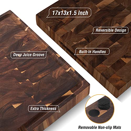 Large Solid Acacia Wood Butcher Block 17x13x1.5 in Cutting Board | Double-Sided Serving Boards,Non-slip Mats,Juice Groove,Heavy Duty Wood Block for Chefs,Large Kitchen Boards for Charcuterie - size: 17"L x 13"W