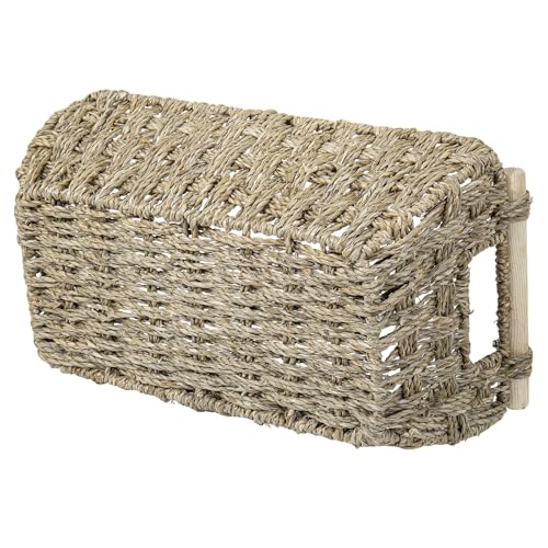 MyGift Hand-Woven Seagrass Bathroom Hand Towel Holder Basket with Wooden Handle, Rustic Countertop Storage Organizer for Towels & Toiletries