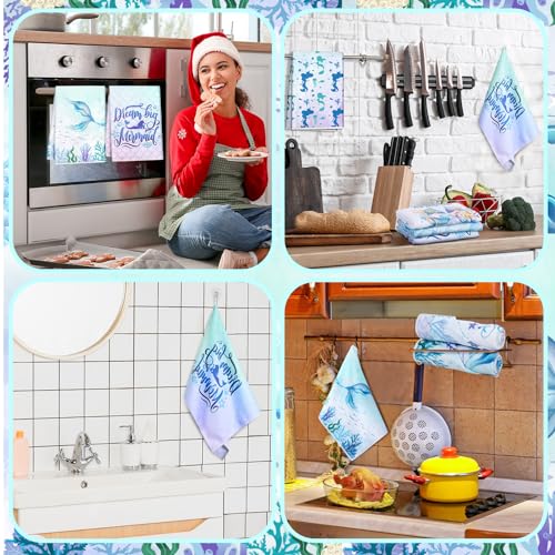 Redbaker 6 Pcs Mermaid Kitchen Towels, Ocean Blue Dish Towels Decor | Sea Themed Dish Cloths, Cute Kitchen Decor for Housewarming Birthday Party, Decorative Drying Set, Decorative Summer Gift - style: Mermaid