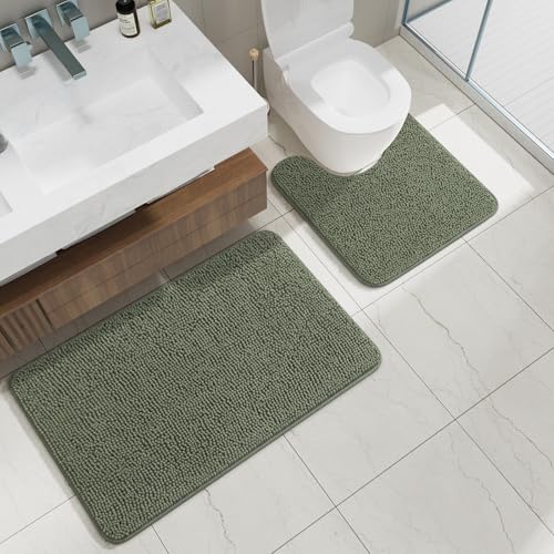 Bathroom Rug Sets 2 Piece, 20"x20" U-Shaped & 21"×34", Sage Green | Toilet Mat Non Slip Bath Mats Floor Set, Washable Bath Rug Set, Absorbent Soft Bathroom Rug - color: Sage Green