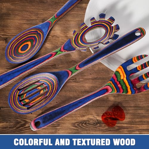 MYRAINBOW Wooden Spoons for Cooking – 7 Piece Pakkawood Kitchen Utensils Set with Spatulas, Spoons, Ladles, and Turner for Mixing, Serving & Cooking - color: Rainbow-A