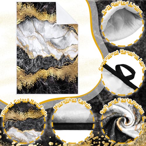 Sratte 6 Pcs Farmhouse Marble Kitchen Towels Pot Holders Oven Mitts Set 2 Dish Towels 2 Potholders 2 Cooking Mittens Oven Glove for Cooking Baking Grilling Supply (Black, Gold) - color: Black, Gold