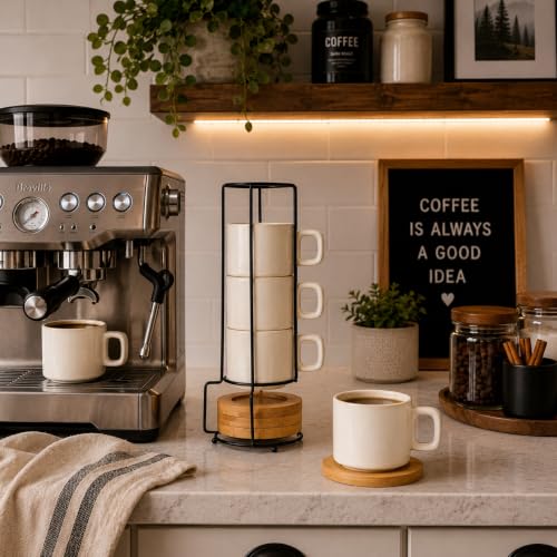 LUKA Porcelain Stackable Espresso Cups with Saucers and Metal Stand, 4 Ounce Small Ceramic Demitasse Cups Set for Latte, Specialty Coffee Drinks, Cafe Mocha,Tea - Set of 4, White Green Interior - color: White-Green