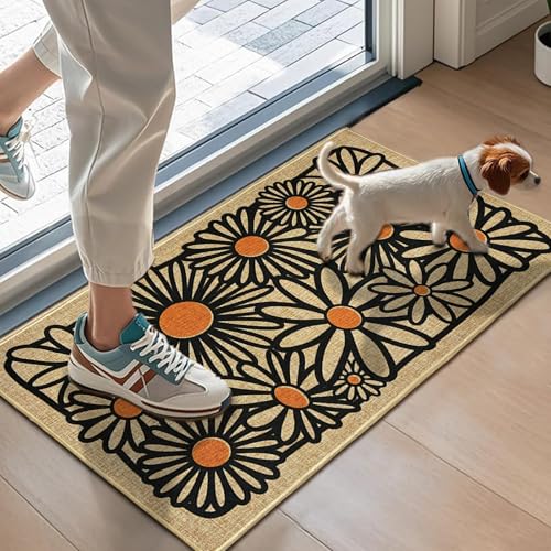 Welcome Mats Daisy Flower Front Door Mat for Outside Patio Entrance 17"x30" | Non-slip backing, durable, low profile, summer outside entryway rugs, housewarming gifts, for home farmhouse kitchen hallway - color: White Daisy Flower