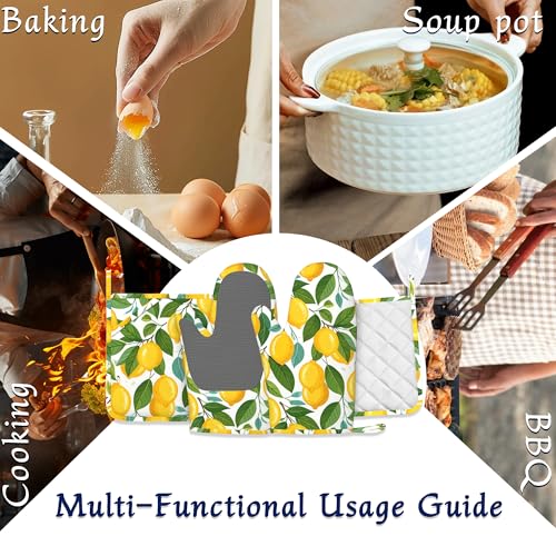 Yellow Lemon Pot Holders and Oven Mitts Set Silicone Tropical Summer Fruit Kitchen Gloves Potholders Heat Resistant Washable,Chef Cooking Baking Gifts for Women Men Bakers Lover Cooks - color: Yellow Lemon,tropical Summer Fruit