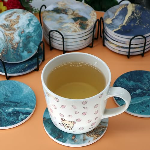 Blue Marble Ceramic Coasters with Holder Absorbent Drink Coaster Set Outdoor Round Abstract Cute Table Decorative Coffee Cup Beverage Fun Wine Beer Bar Gold Housewarming 6 Pack - style: blue gold