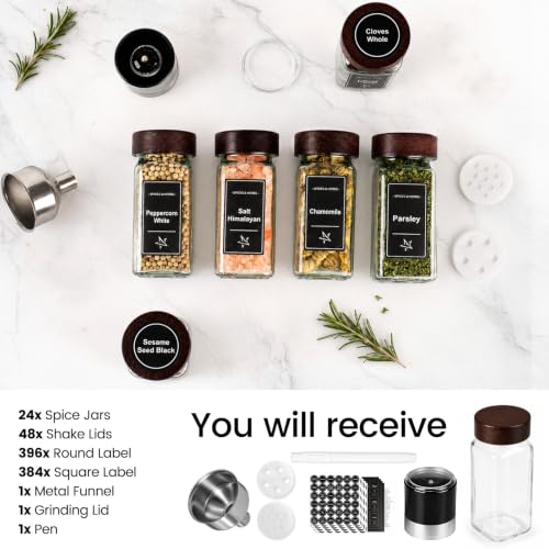 Glass Spice Jars with Grinder Lid 24 Pack 4 oz Acacia Wood | 780 Labels (Round+Square), Shaker Inserts, Funnel, Airtight Seal, Bonus Grinder Lid for Fresh Grinding - color: Brown