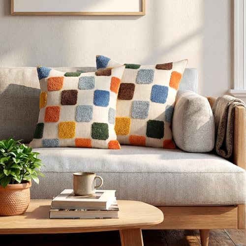 2 Pcs Embroidered Plaid Throw Pillow Cover 18x18 Inches Modern Geometric Tufted Decorative Square Pillow Cover Boho Plaid Cushion Case for Couch Sofa Bedroom Living Room Home Chair Decor - style: Geometric