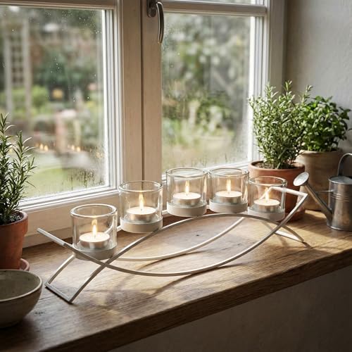 Table Centerpieces for Dining Room, Tealight Candle Holder, White | Wedding Votive Candle Holders, Wrought Iron 5 Cup Candelabra, Long Modern Coffee Table, White, Clear Glass Cups, 17in Long - color: White, size: 5 Cup