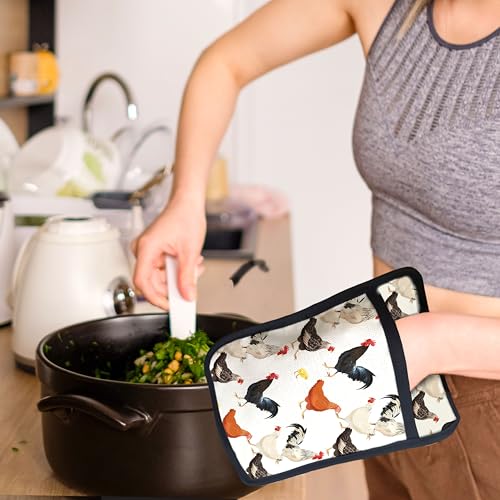 Farmhouse Chicken Pot Holders with Pockets, Farm Rooster Hen Chick Oven Pot Holders Heat Resistant Oven Mitts Hot Pads for Kitchen Baking Cooking