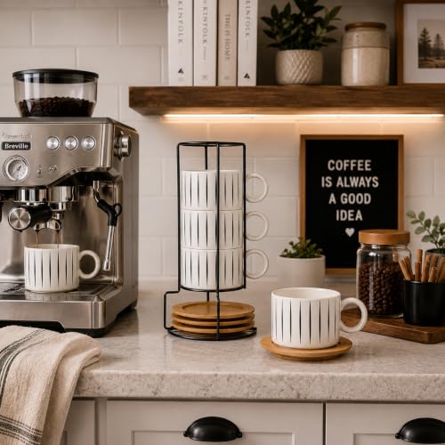 LUKA 6 Ounce Porcelain Stackable Espresso Cups with Saucers and Metal Stand Set of 4, Ceramic Cappuccino Cups Set for Specialty Coffee Drinks, Latte, Cafe Mocha and Tea, Stripes, White - color: Stripes