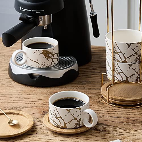 LUKA Porcelain Espresso Cup with Metal Stand, 6 Ounce Stackable Ceramic Demitasse Espresso Mugs Cappuccino Cups Set for Latte,Coffee,Cafe Mocha,Tea(Set of 4,White) - color: White