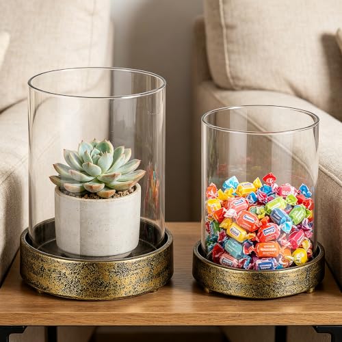 Set of 2 Glass Hurricane Candle Holders for Pillars with Minimalism Metal Base in Antique Gold, Glass Candle Holder, Centerpiece, for Weddings, Dinner Parties, Dining Tables, Console Tables, Mantels - color: Antique Gold