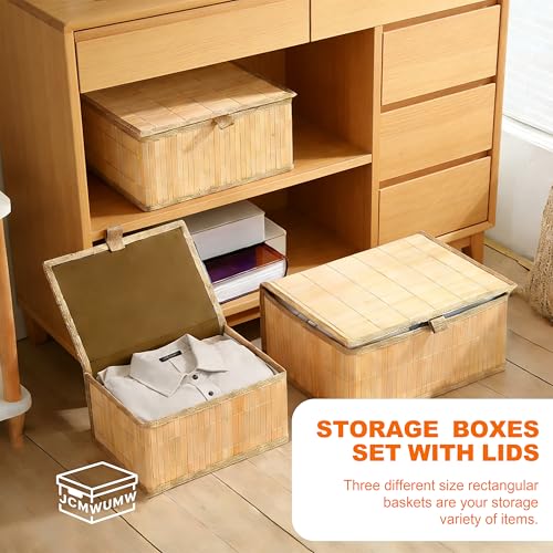 3 Pack Bamboo Decorative Shelf Basket,Woven Storage Boxes with Lined,Nesting Lidded Box with Lids for Toys,Cosmetics,Office,sundries,Closet,natural & eco-friendly bamboo storage organizers