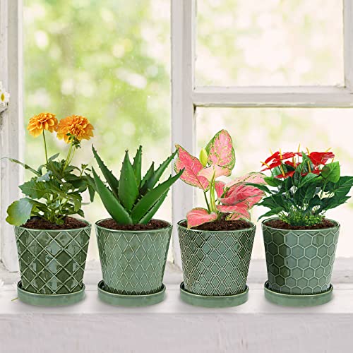 EFISPSS Flower Planter –5 inch Ceramic Plant Pots with Drainage Hole and Ceramic Tray - Gardening Home Desktop Office Windowsill Decoration Gift Set of 4 - Plants NOT Included - color: Patina