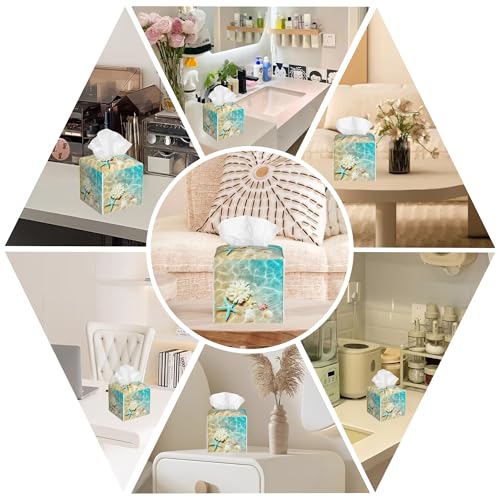 Summer Beach Leather Tissue Box Holder Starfish and Seashell Tissue Box Cover Facial Paper Case Organizer Cube Napkin Dispenser for Bathroom Vanity Countertop Night Stand Office Car - color: Starfish and Seashell