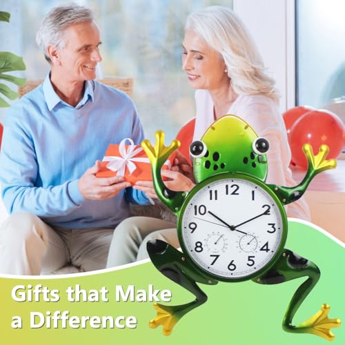 Large Outdoor Clock with Thermometer & Humidity | Silent Non-Ticking, Frog Outdoor Wall Clock, Outside Clock for Patio, Living Room, Kitchen - style: Large-Green Frog