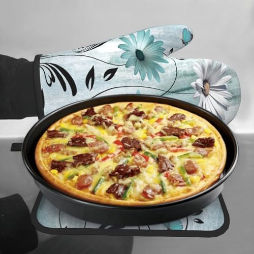 Giwawa Daisy Floral Oven Mitts and Pot Holder Set of 2 Teal White Flower Heat Resistant Kitchen Mitts Potholders Washable for Cooking Grilling BBQ - color: Daisy Floral