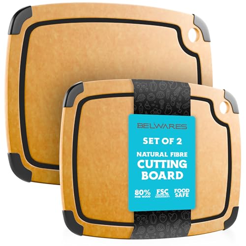 Dishwasher Safe Cutting Boards for Kitchen - Set of 2 Composite Wood Cutting Boards with Juice Groove, Non Slip Feet, Non Porous Chopping Boards, Heat Resistant up to 350°F (14.5x11 + 11.7x9.3 Inch) - color: Natural with Black Grooves