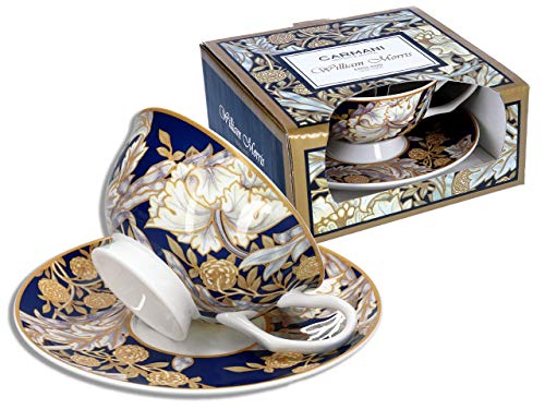 Carmani 8 Oz Porcelain Cup & Saucer Set in a Gift Box, Decorative Tableware, Floral Motifs by W.Morris