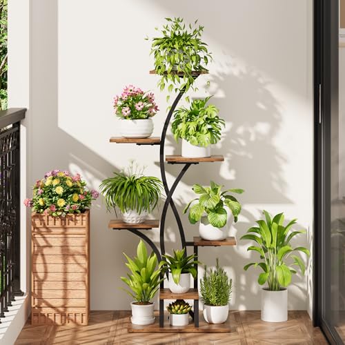 MJOMKN 47" Corner Plant Stand Indoor with Grow Lights, 7 Tiered | Metal Flower Display Holder, Flower-Shaped Plant Rack, For Multiple Plants, For Living Room, Patio