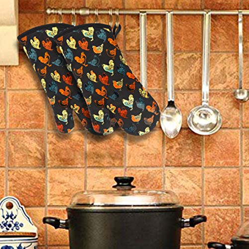Oven Mitts 1 Pair, Non Slip Clear Silicone Printed Rooster Kitchen Gloves | Heat Resistant 480 ℉ Comfortable Cotton Lining Kitchen Men Cooking Barbecue Machine Washable (Rooster, Black Mittens) - color: Rooster, Black Mittens