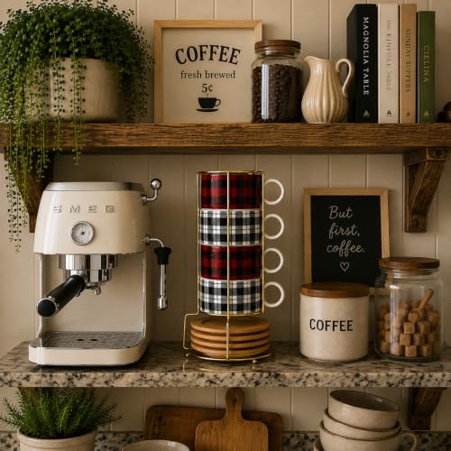 LUKA Porcelain Espresso Cup with Metal Stand,6 Ounce Stackable Ceramic Demitasse Espresso Mugs Cappuccino Cups Set for Latte,Coffee,Cafe Mocha,Tea - Set of 4 (Plaid Red & Gray) - color: Red Black Plaid
