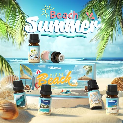 ARVIDSSON Beach Fragrance Oils Set, Summer Essential Oils for Diffuser - Beachy Breeze, Ocean Air, Pina Colada, Pink Sand, Sea Salt, Island Time, Tropical Scented Oil for Home, Candle Making - color: Dark Blue