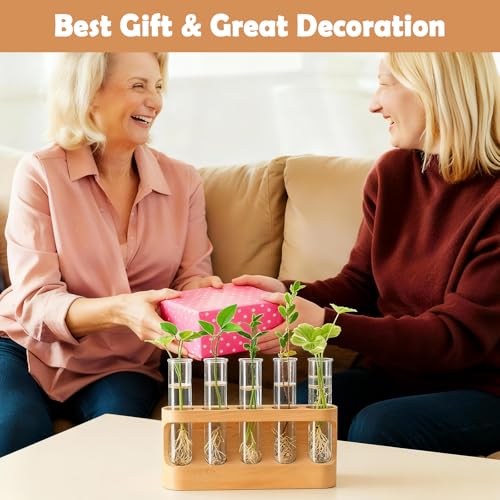 Tigvio Plant Propagation Station with 9-Level Dimmable LED Light | 5 Glass Test Tube Vases, Wooden Stand for Hydroponic Plants, Gardening Gift for Women & Plant Lovers & Home Decor