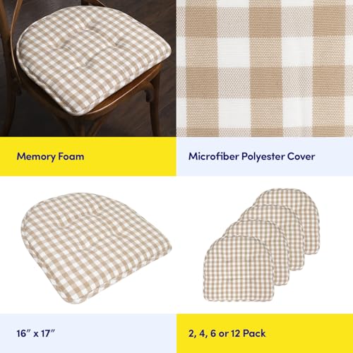 Sweet Home Collection Chair Cushion Memory Foam Pads Tufted Slip Non Skid Rubber Back U-Shaped 17" x 16" Seat Cover, 2 Count (Pack of 1), Checkered Taupe/White - color: Checkered Taupe/White, size: 2 Pack, style: Foam Pads