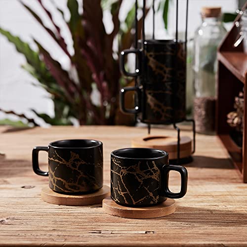 LUKA Porcelain Espresso Cup with Saucer and Metal Stand, 4 Ounce Stackable Ceramic Demitasse Espresso Mugs Cups Set for Latte,Coffee,Cafe Mocha,Tea(Set of 4) - color: Black Marbling