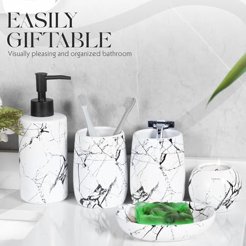Ceramic Bathroom Accessory Set, 5-Piece Bathroom Accessory Set, Soap Dish, Toothbrush Holder, Soap Dispenser, Bathroom Tumbler & Candle Holder - Modern Bathroom Organizer, (White & Black) - color: White and Black