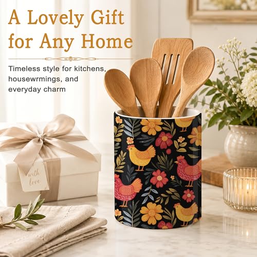 Rooster Hen Kitchen Utensil Holder,Flower Ceramic Utensil Crock for Countertop,Cooking Tools Storage jar for Spatulas and Spoons,Housewarming Gifts 6.3" - color: Rooster Hen Flower