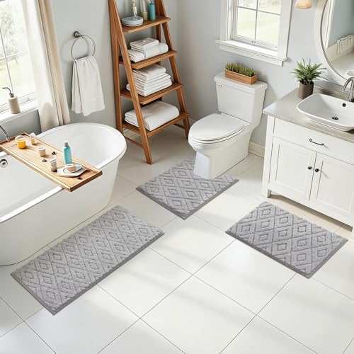 Bsmathom 3 Piece Bathroom Rug Sets, Non Slip Microfiber Bath Mat Light Gray | Plush Water Absorbent Bath Rug Sets with U-Shaped Contour Toilet Mat, Machine Washable Carpet for Bathroom Sink, Shower - color: Light Gray