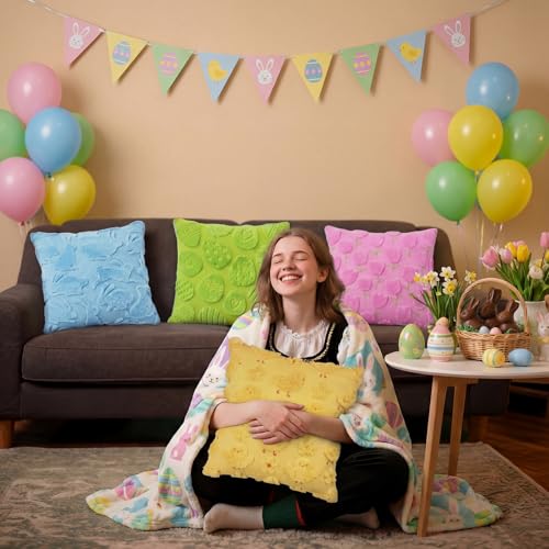 Tiamon 4 Pcs Easter Throw Pillow Covers 18 x 18 Inch 3D Embroidered Plush Easter Egg Bunny Chick Tulip Pillow Cases Colorful Fluffy Faux Fur Cushion Covers Gifts for Spring Party Sofa Couch Birthday - style: Easter