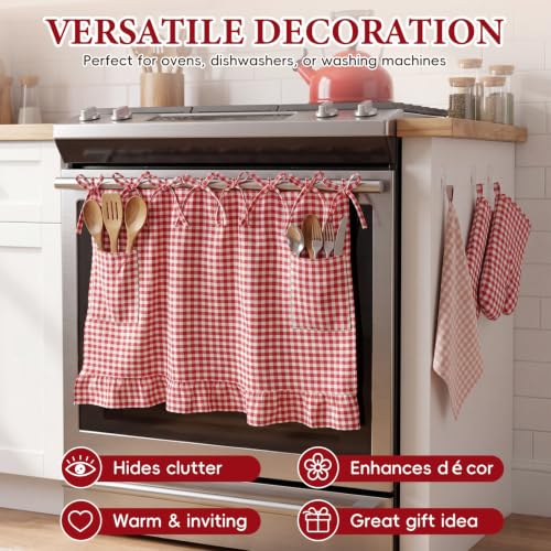 4 Pcs Red Gingham Oven Skirt Curtain Set with Mitts & Hand Towel | 29 x 21 in Farmhouse Rustic Kitchen Stove Cover, Heat-resistant Door Curtain with Ribbon Ties, for Holiday & Everyday Kitchen