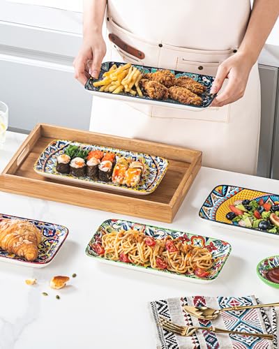 Boho Ceramic Rectangular Serving Plates Set of 6, 10 Inch Dinner Plates | Assorted Patterns, Ideal for Sushi, Salad, Appetizers, Bread & Side Dishes, Microwave & Dishwasher Safe - size: 10 Inch