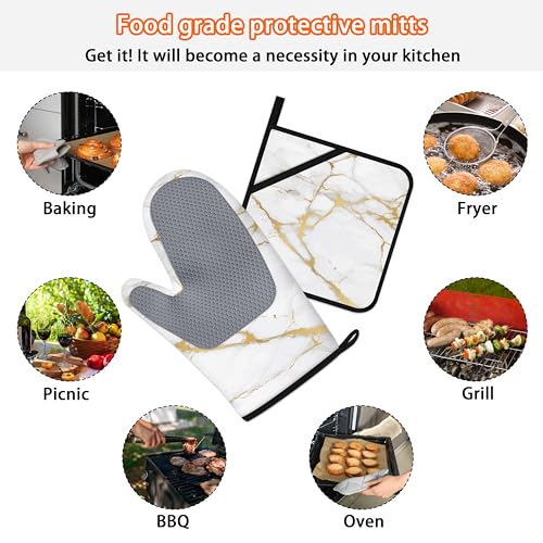 Oven Mitts and Pot Holders Sets White Gold Marble Kitchen Accessories of 4 Heat Resistant Oven Gloves Hot Pads with Non-Slip Silicone Surface for Chef Cooking Baking - color: White Gold