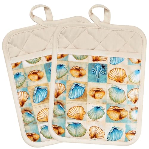 Pot Holders Set of 2 Heat Resistant 480 ℉Non Slip Clear Silicone Printed Comfortable Cotton Lining Kitchen Women Men Cooking Baking Microwave Machine Washable (Shell, Beige potholders) - color: Shell, Beige Potholders