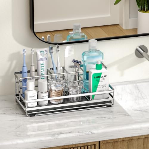 HapiRm Toothbrush Holders for Bathroom - 5 Partitions Bathroom Counter Organizer with Instant Drying Stone, Stainless Steel Countertop Storage Electric Toothbrush Toothpaste Holder - Silver(Large) - color: Silver-large