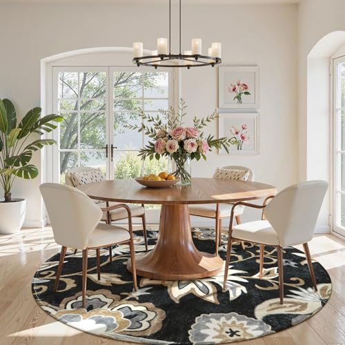 Lahome Floral Black Round Area Rug - 5Ft Washable Ultra-Thin Soft Bedroom Rug, Non-Slip Stain Resistant Circle Carpet for Living Room, Office, Dining Room, Paisley Print Accent Carpet | Ultra-Thin Soft Bedroom Rug, Non-Slip Stain Resistant Circle Carpet f
