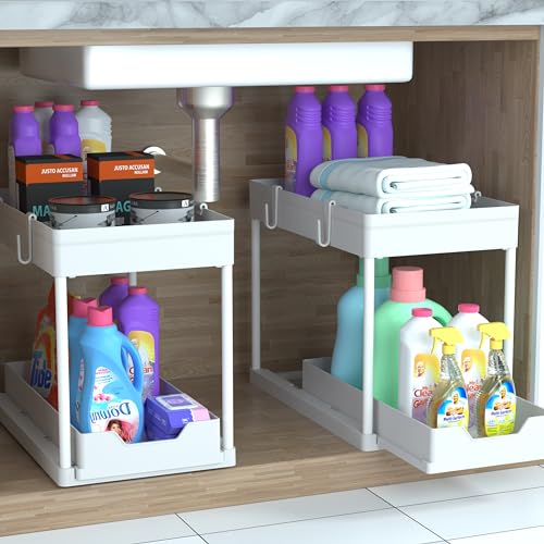 DEKAVA Cabinet, 2 Pack Under Sink Organizer, 2 Tier Sliding Bathroom Kitchen Organizer, Large White ABS Baskets, Easy Install & Clean - color: White