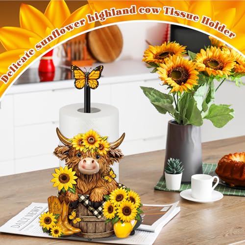 Summer Sunflower Highland Cow Paper Towel Holder Sunflower Floral Cattle Kitchen Bathroom Decor Farmhouse Metal Highland Cow Towel Holder Stand with Round Base for Home Countertop Accessories - style: Highland Cow