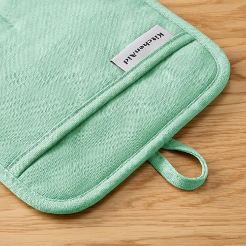 KITCHENAID Gourmet Series Gridlines Pot Holders 2-Pack Set, Heat Resistant up to 600°F, Soft Silicone Grip, Magnetic Cuff, Color of The Year, Spearmint, 8"x8" - color: Spearmint