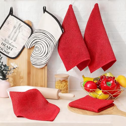 100% Cotton Waffle Weave Kitchen Dish Cloths, 6 Pack Ultra Soft Absorbent, Quick Drying Dish Towels, 12x12 Inches, Dish Rags for Drying Dishes & Daily Kitchen Use (Red) - color: Red